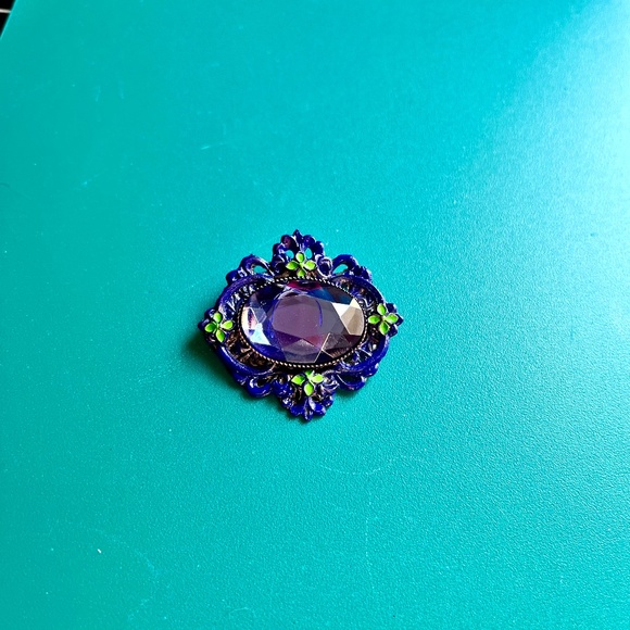 Victorian Blue Stone & Floral Brooch - Blue Rhinestone Flower Pin - Valentine - Picture 4 of 8